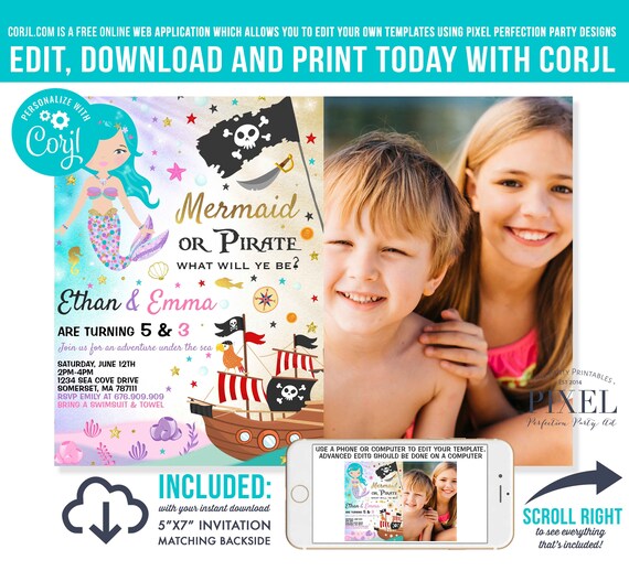 Mermaid And Pirate Birthday Invitation Sibling Mermaid & Pirate Invitation Sibling Girl Boy Combined Birthday Invite Mermaid Pirate Party 7O Il_570xn