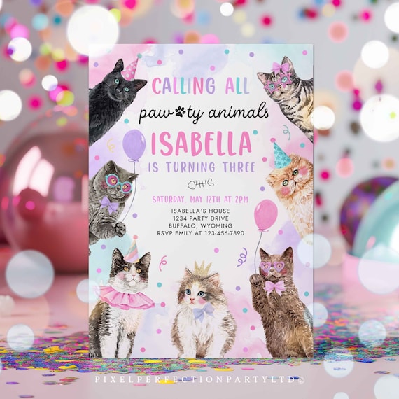 Cat Birthday Invitation, Cute Cat Birthday Invite, Printable Birthday - View #9