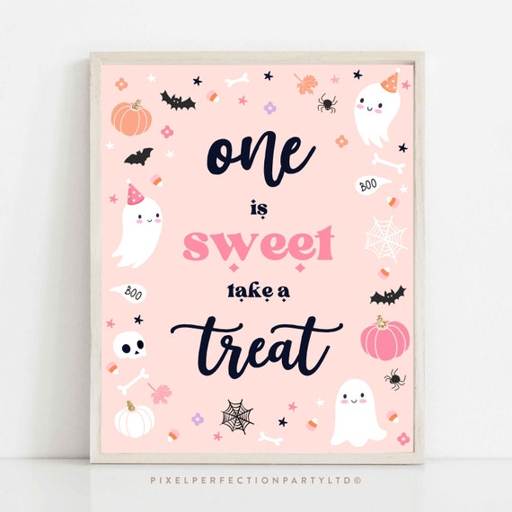 Pink Halloween Ghost Party Sign Pink Ghost One Is Sweet Treat Sign Spooktacular Halloween Birthday Halloween Decor Instant Download DS Il_570xn