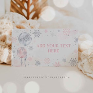 Editable WINTER ONEderland Folded Food Labels Pink & Silver Watercolor Snowflake Balloons Winter ONEderland Birthday Instant Download HN