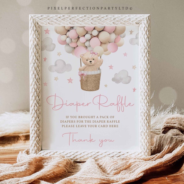 Teddy Bear Hot Air Balloon Shower Diaper Raffle Sign Girl Pink Teddy Bear Baby Shower We Can Bearly Wait Shower Instant Download 5H