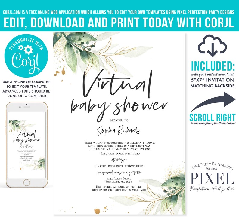Editable Virtual Baby Shower Invitation Greenery Virtual Baby Etsy