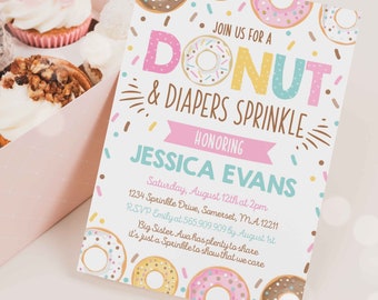 Pink Donuts and Diapers Baby Invitation Sprinkles Pink Donut Invitation Instant Download Editable Template DIY BA-91