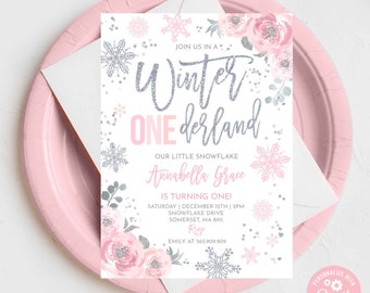 WINTER ONEderland Invitation Pink & Silver Winter ONEderland Invitation Floral Winter ONEderland Party Instant Download Editable Corjl WS1