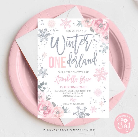 WINTER ONEderland Invitation Pink & Silver Winter ONEderland Invitation Floral Winter ONEderland Party Instant Download Editable Corjl WS1 Il_570xn