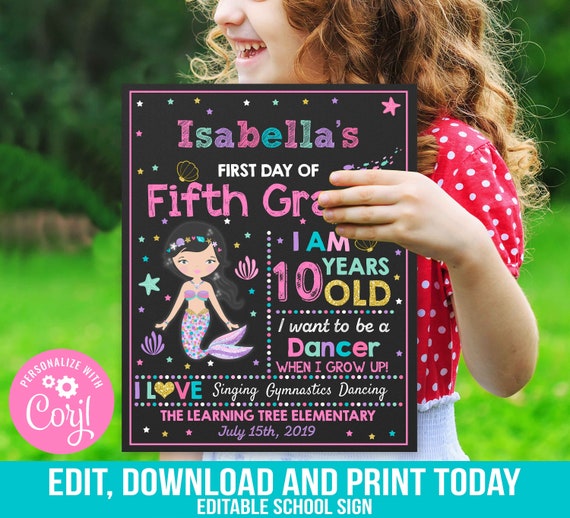 First Day of Fifth Grade Sign Mermaid First Day of Fifth Grade Sign Chalkboard First Day Of School Sign Prop Instant Download Editable Il_570xn