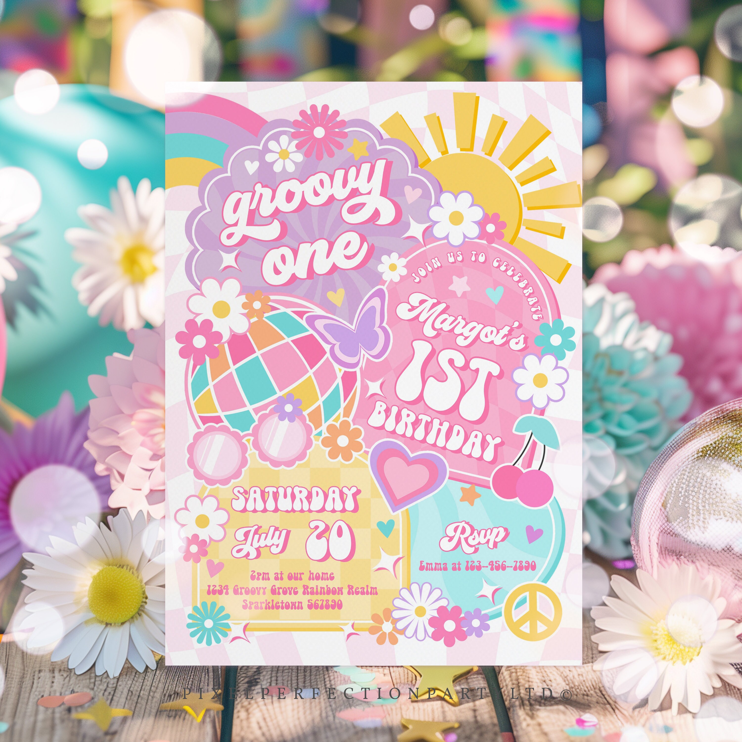 Editable Groovy One 1st Birthday Party Invitation Rainbow Sunshine ...