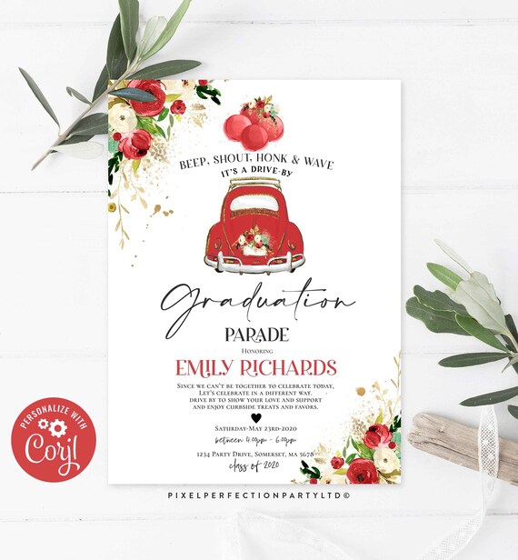 Editable Drive By Graduation Parade Invitation Pink Floral Graduation Party Invitation Quarantine Graduate 2020 Party Instant Download FD Il_570xn