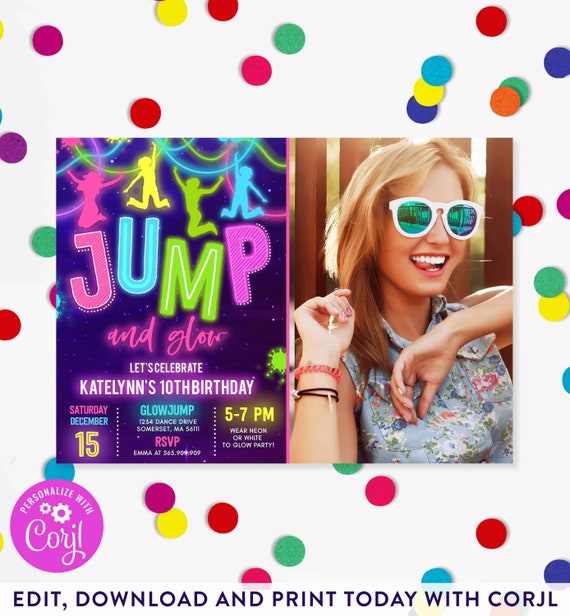 Editable Glow Jump Invitation Neon Jump Birthday Invite Jump And Glow Party Bounce House Glow In The Dark Jump Party Instant Download GJ Il_570xn