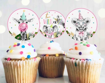 Safari Two Wild Cupcake Toppers Pink Safari Two Wild Cupcake Toppers Safari Sticker Tag Toppers Safari Party Decorations Instant Download PS