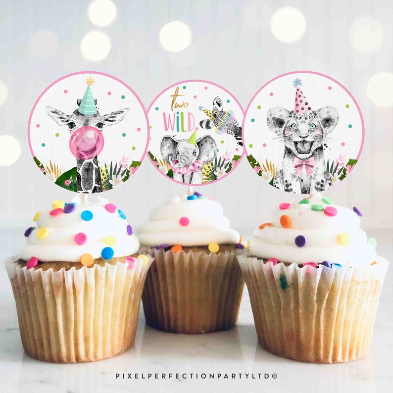 Safari Two Wild Cupcake Toppers Pink Safari Two Wild Cupcake Toppers Safari Sticker Tag Toppers Safari Party Decorations Instant Download PS image 1