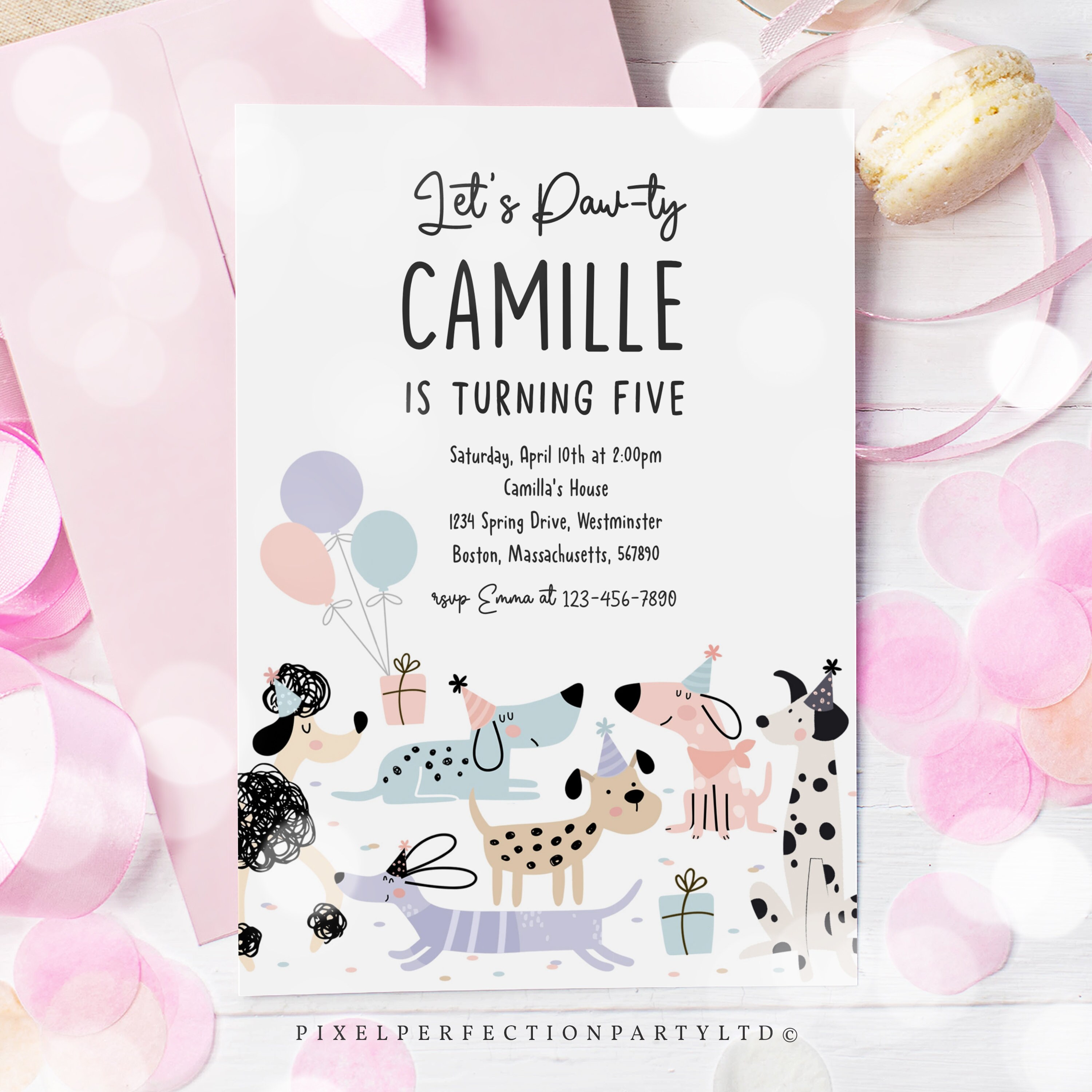 Editable Puppy Party Invitation Dog Birthday Party Girl Pink Puppy Pet ...