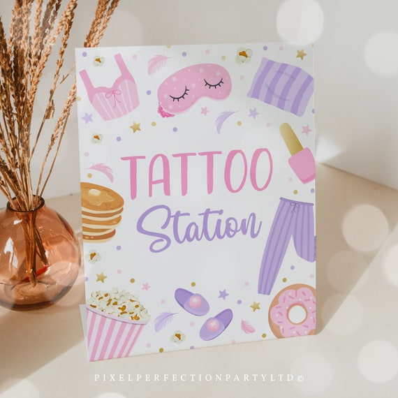 Slumber Birthday Party Tattoo Station Sign Sleepover Birthday Party Decorations Girly Pink Spa Tween Teen Birthday Party Instant Download TW Il_570xn