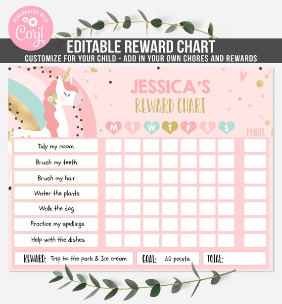 Editable Unicorn Reward Chart Unicorn Kids Chore Chart Kids Unicorn Routine Chart Kids Responsibility Chore Chart Instant Download File Il_570xn