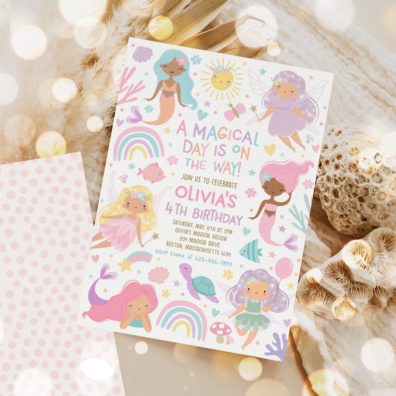 May include: A colorful invitation for a 4th birthday party with a mermaid theme. The invitation features mermaids, rainbows, seashells, and a turtle. The text on the invitation reads "A Magical Day is on the Way! Join us to celebrate Olivia's 4th Birthday. Saturday, May 12th at 2pm. Olivia's Magical Hollow, 1234 Magical Drive, Boston, Massachusetts 56789. RSVP Emma at 123-456-7890."