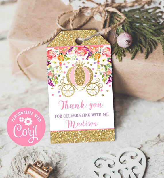 Princess Carriage Favor Tag Princess Birthday Favor Tag Gold Cinderella Carriage Party Princess Thank You Tag Instant Editable File Corjl N6 Il_570xn