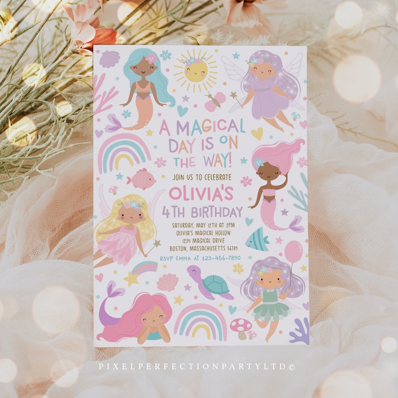 May include: A white invitation with a pink, purple, and blue mermaid and fairy theme. The invitation says "A Magical Day is on the Way!" and "Olivia's 4th Birthday". It includes the date, time, and location of the party.