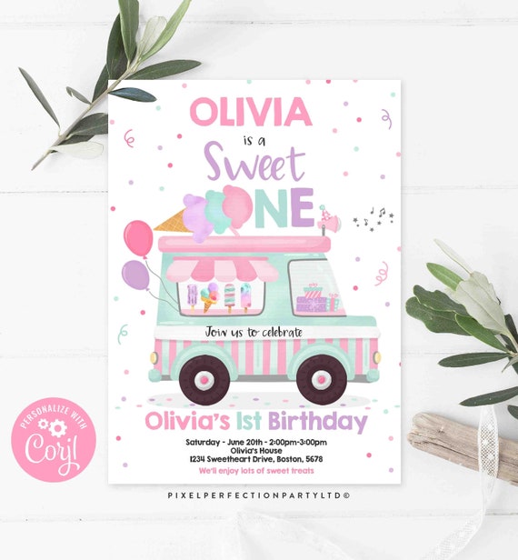 Editable Ice Cream Truck Birthday Invitation Ice Cream Sweet One 1st Party Invitation Sweet One Ice Cream Birthday Party Instant Download IC Il_570xn