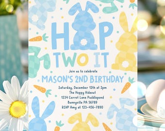 Editable Hop Two It Bunny 2nd Birthday Party Invitation Boy Bunny 2nd Birthday Party Checkered Bunny Spring Birthday Instant Download CF5
