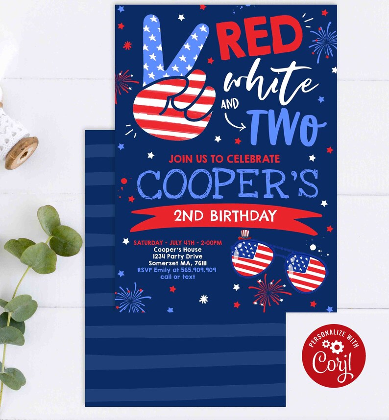 Editable 4th of July Birthday Invitation 4th of July Red White and Two ...