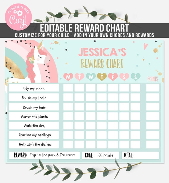 Editable Unicorn Reward Chart Unicorn Kids Chore Chart Kids Unicorn Routine Chart Kids Responsibility Chore Chart Instant Download File Il_570xn