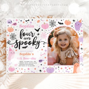 Editable Four Ever Spooky Halloween Ghost 4th Birthday Party Invitation Cute Pink Ghost 3rd Birthday Spooktacular Party Instant Download F6