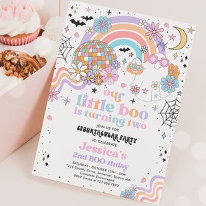 Editable Little Boo Halloween Ghost 2nd Birthday Party Invitation Groovy Rainbow Ghost Party Hippie Halloween Party Instant Download 45G