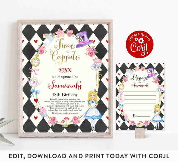 Editable Alice In Onederland Time Capsule And Matching Note Card Alice In Wonderland Time Capsule Alice Tea Party Instant Download 8Z Il_570xn