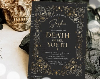 Editable Death To My Youth Birthday Party Invitation RIP To My Youth Party Gothic Halloween Farewell Youth Party Instant Download F5O