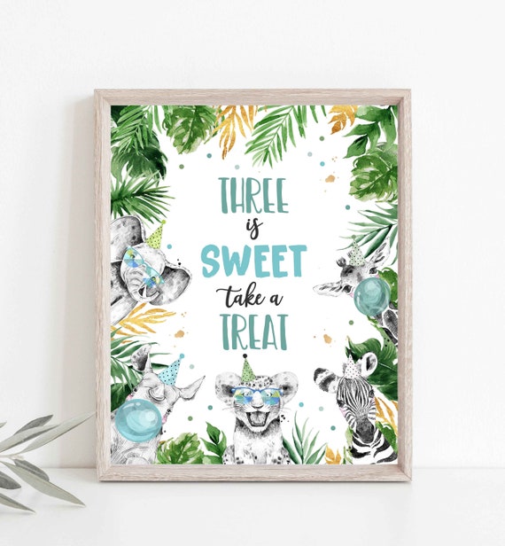 Three is Sweet Safari Birthday Sign Party 3rd Birthday Sign Wild One Birthday Party Decor Safari Animals Favor Sign Instant Download Sign PS Il_570xn