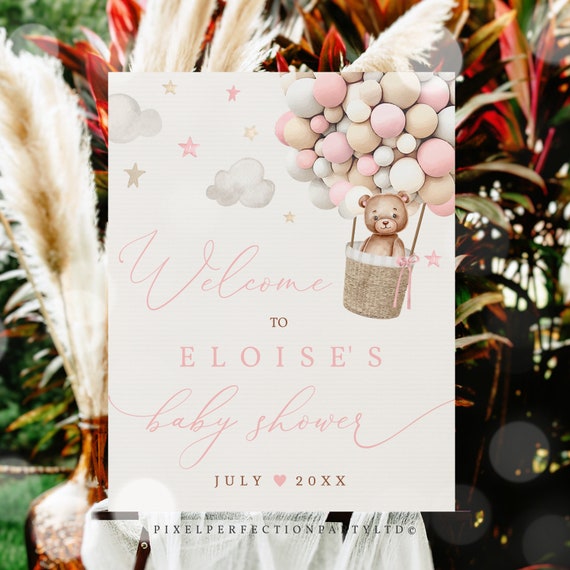 Editable Teddy Bear Hot Air Balloon Baby Shower Welcome Sign Girl Pink Teddy Bear Baby Shower Welcome Sign Decorations Instant Download JD Il_570xn