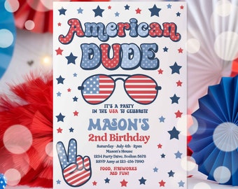 Editable 4th Of July Birthday Party Invitation Retro American Dude Birthday Party Invite America Vibes Birthday Party Instant Download AV