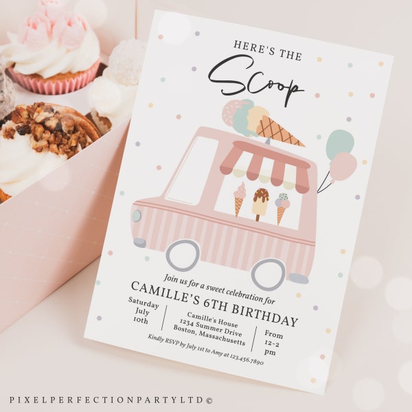 Editable Ice Cream Truck Birthday Party Invitation Here's The Scoop Ice Cream Birthday Party Sweet Ice Cream Party Instant Download YL