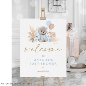 Editable Boho Teddy Bear Baby Shower Welcome Sign Bohemian Pampas Grass ...