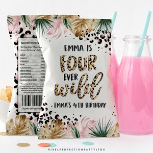 Editable Leopard Print Party Chip Bag Wrappers Jungle Chip Bag Favors Four Ever Wild Leopard Print 4th Birthday Instant Download GY