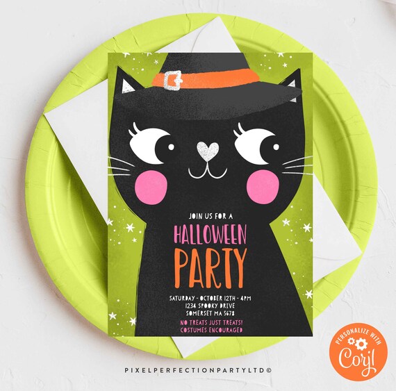 Editable Halloween Pink Cute Cat Invitation Spooky Witches Cat Halloween Invite Kids Cute Spooktacular Halloween Party Instant Download HC Il_570xn