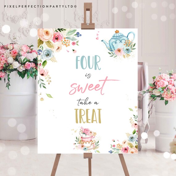 Tea Party Sign Four Is Sweet Take A Treat Sign Pink & Gold Floral Par-Tea Favors Floral Whimsical Tea Party Decorations Instant Download TR Il_570xn