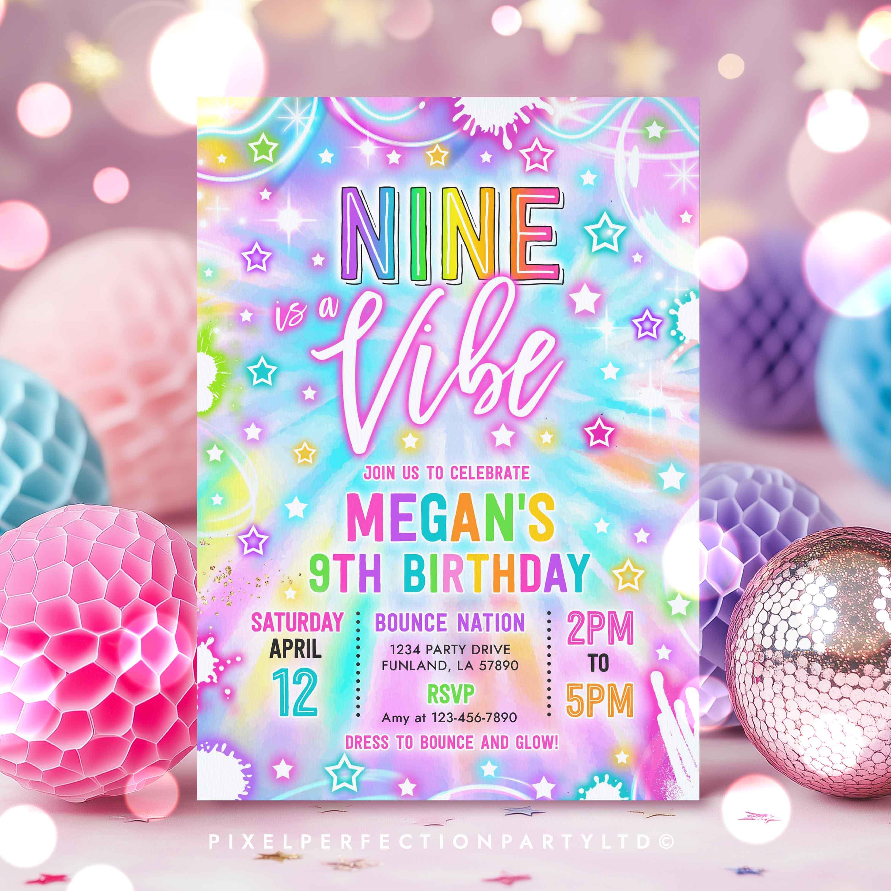 Editable Nine is A Vibe 9th Birthday Party Invitation Nine is A