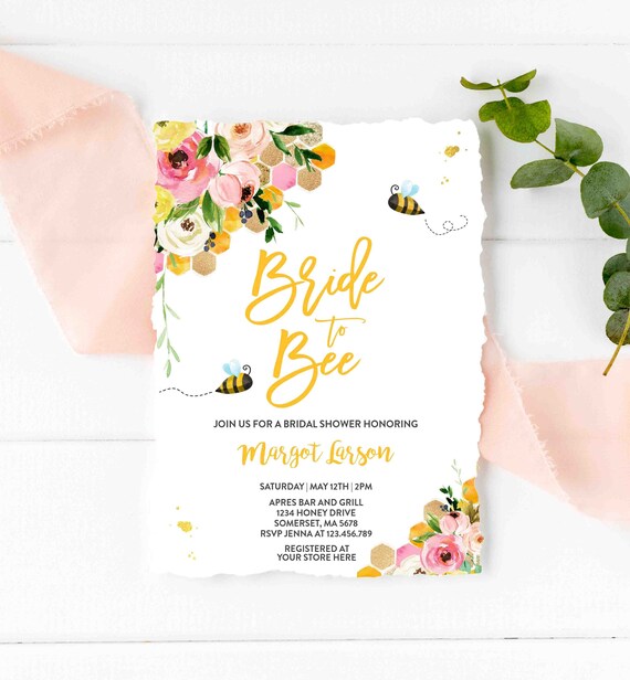 Editable Bee Bridal Shower Invitation Bride To Bee Invitation Pink & Yellow Floral Bee Bridal Shower Honey Bee Bridal Shower Instant File BH Il_570xn