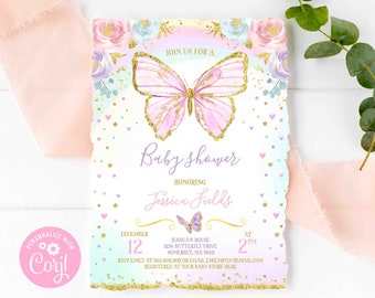 Butterfly Baby Shower Invitation Pink & Gold Butterfly Baby Shower Invitation Baby Shower Garden Tea Party Instant Download Editable File BB