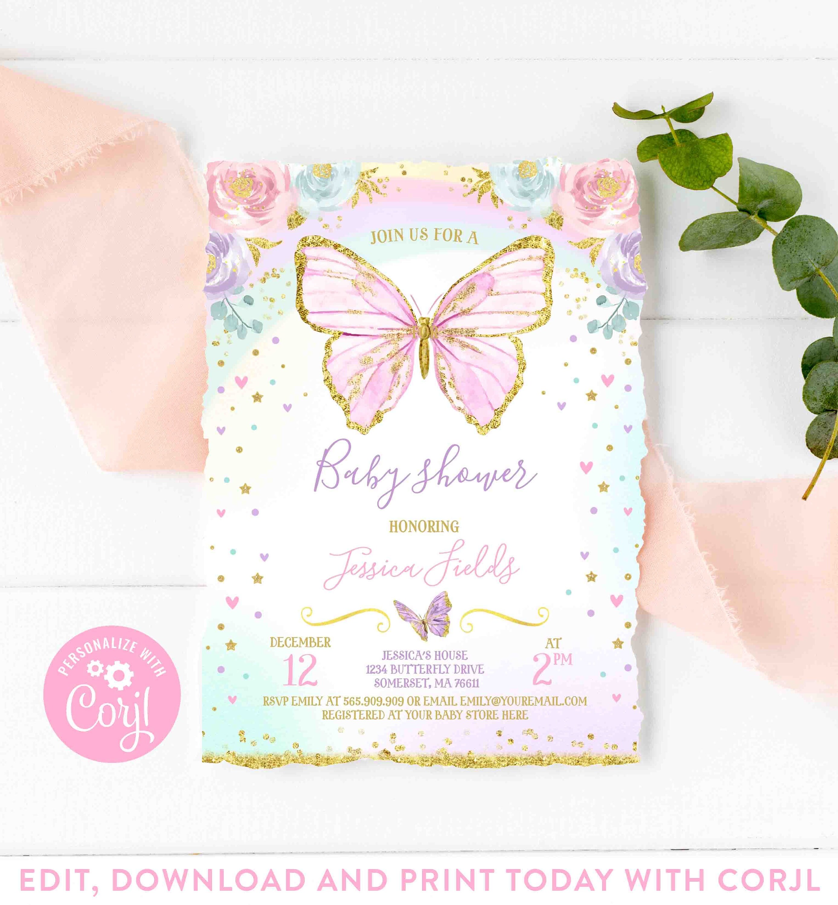 Baby Girl Pink Butterfly Garden Printable Baby Shower Party Package 