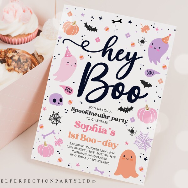 Editable Halloween Pink Ghost Birthday Invitation Hey Boo Girly Cute Ghost Birthday Party Spooktacular Halloween Party Instant Download F6