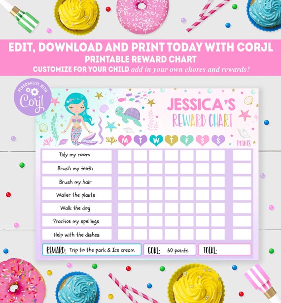 Mermaid Reward Chart Mermaid Kids Chore Chart Kids Mermaid Routine Chart Kids Responsibility Chore Chart Instant Download Editable MC Il_570xn