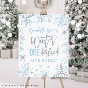 Editable WINTER ONEderland Welcome Sign Winter Silver & Blue Snowflake Winter Onederland 1st Birthday Snowflake Favors Instant Download DM