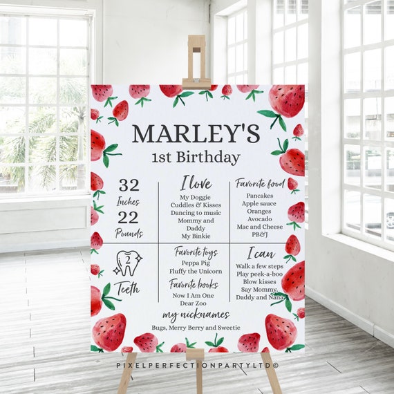 Editable Strawberry Birthday Milestone Poster Berry Sweet 1st Birthday Stats Sign Summer Fruit Berries Birthday Party Instant Download VC Il_570xn
