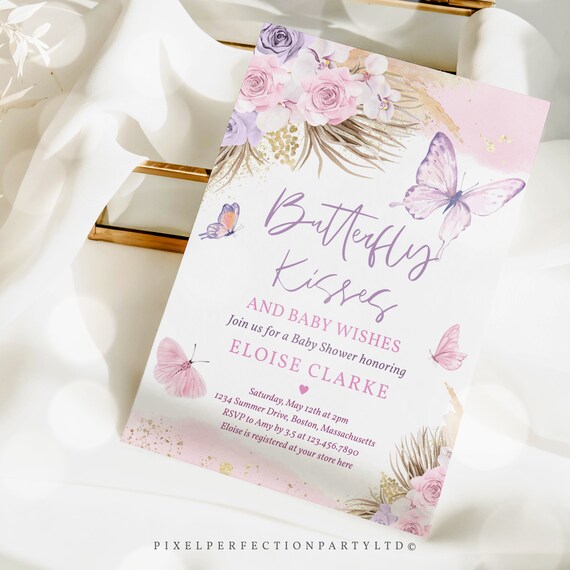 Editable Butterfly Kisses And Baby Wishes Baby Shower Invitation Boho