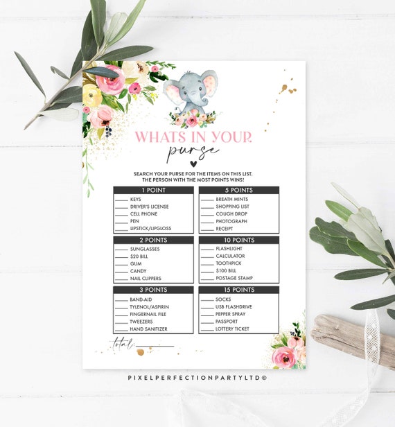 Elephant Whats In Your Purse Game Pink Floral Elephant Whats In Your Purse Game Elephant Baby Shower Game Instant download PE Il_570xn