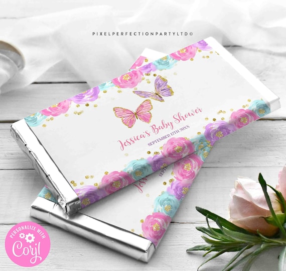 Editable Butterfly Candy Bar Wrapper Pink And Gold Butterfly Baby Shower Candy Bar Label Favor Butterfly Shower Favors Instant Download BB Il_570xn