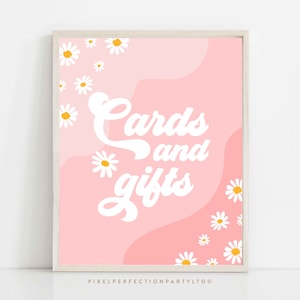 Gänseblümchen Geburtstagsparty Karten und Geschenke Zeichen Rosa Boho Retro Groovy Floral 70er Geburtstagsparty Hippie Festival Vibes Party Instant Download J5