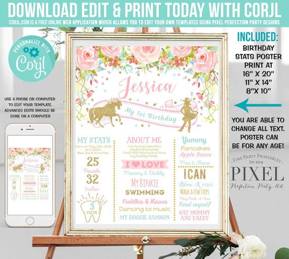 Cowgirl First Birthday Poster Cowgirl 1st Birthday Milestone Poster Floral Pink Mint Gold Cowgirl Birthday Instant Editable File Corjl U2 Il_570xn
